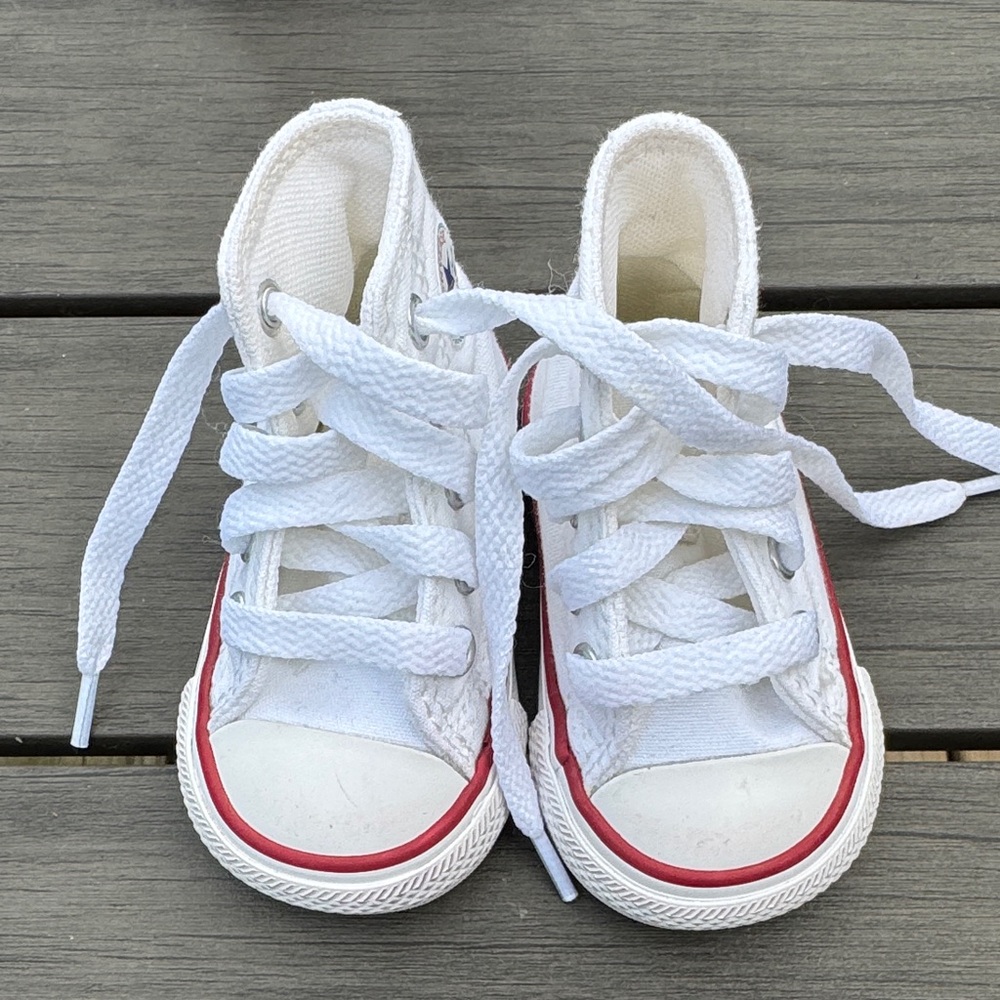 Size 2 Kids White and Red High-Top Sneakers